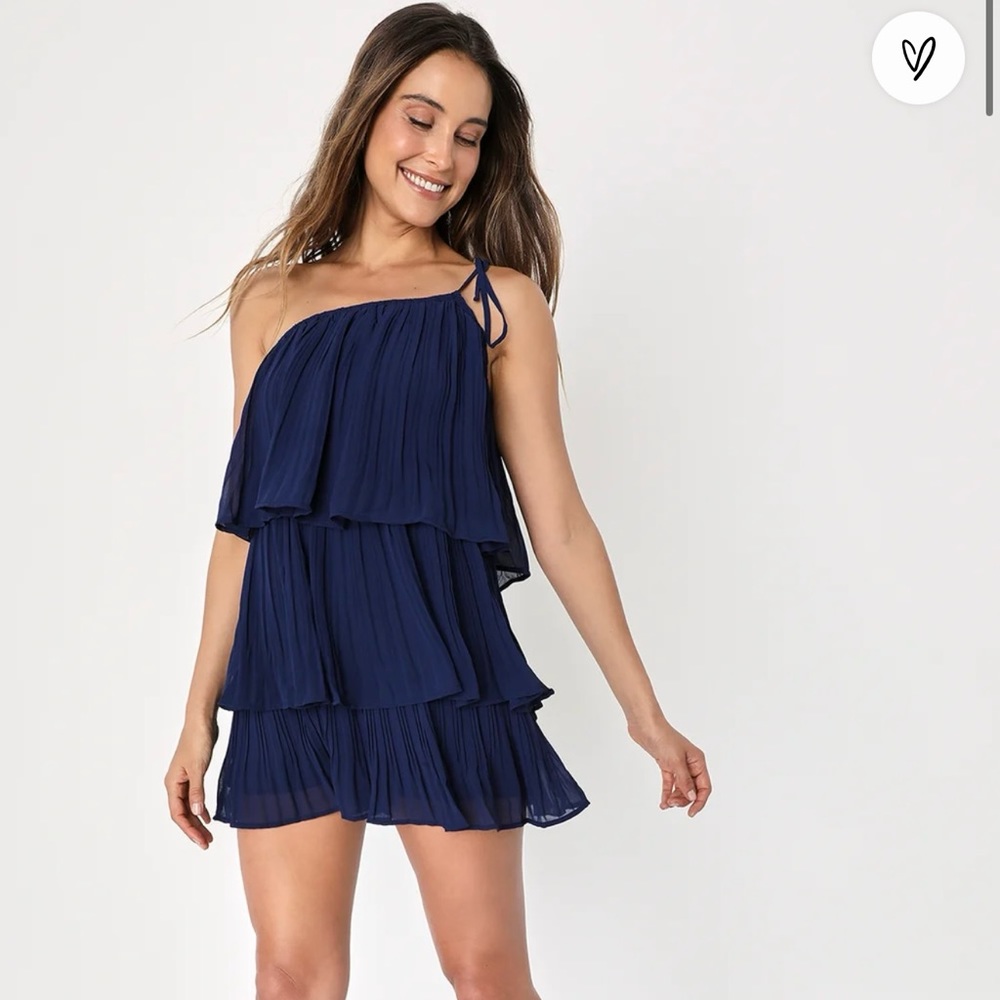Lulus Blowing Kisses Navy Blue Pleated One-Shoulder Mini Dress